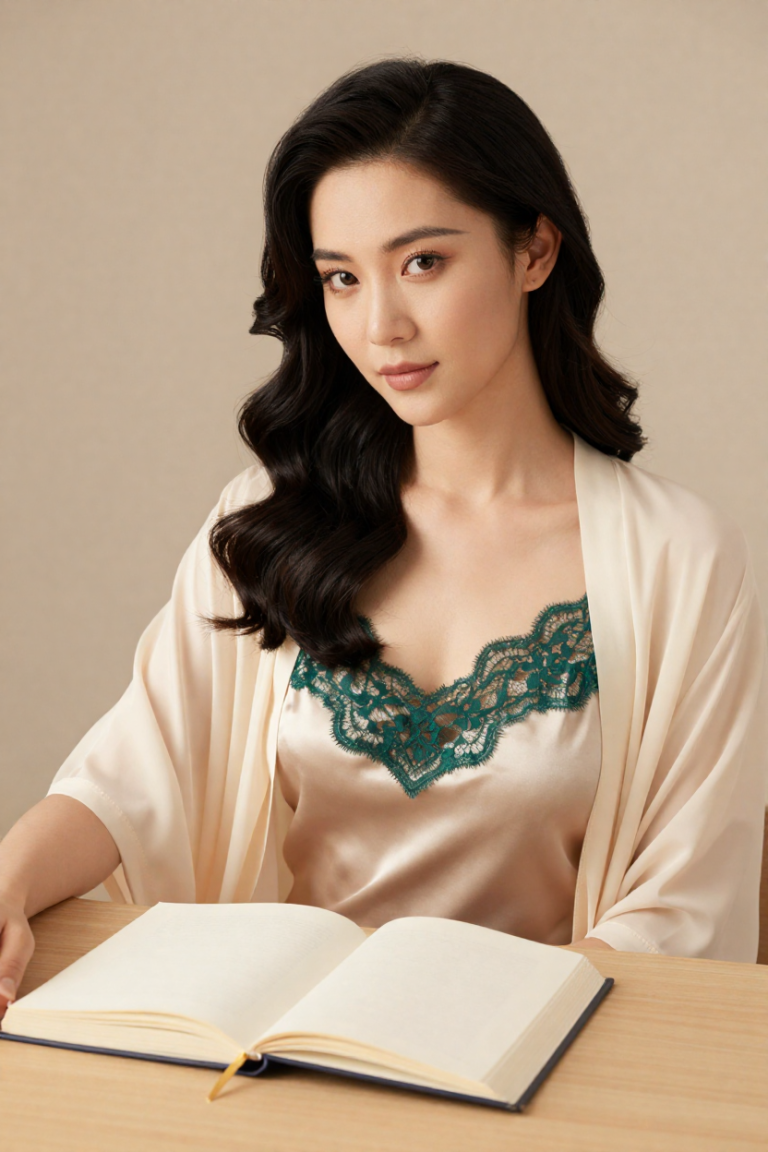 BioLinkKing muse in champagne satin at the desk with the open blank biography